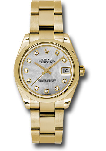 Rolex Yellow Gold Datejust 31 Watch - Domed Bezel - White Mother-Of-Pearl Diamond Dial - Oyster Bracelet