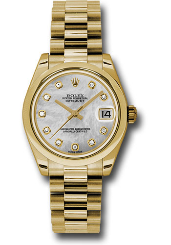 Rolex Yellow Gold Datejust 31 Watch - Domed Bezel - Mother-Of-Pearl Diamond Dial - President Bracelet
