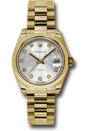 Rolex Yellow Gold Datejust 31 Watch - Domed Bezel - Silver Jubilee Diamond Dial - President Bracelet