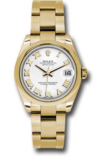 Rolex Yellow Gold Datejust 31 Watch - Domed Bezel - White Roman Dial - Oyster Bracelet