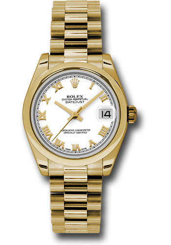 Rolex Yellow Gold Datejust 31 Watch - Domed Bezel - White Roman Dial - President Bracelet