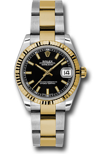 Rolex Steel and Yellow Gold Datejust 31 Watch - Fluted Bezel - Black Index Dial - Oyster Bracelet