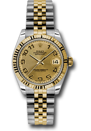 Rolex Steel and Yellow Gold Datejust 31 Watch - Fluted Bezel - Champagne Concentric Circle Arabic Dial - Jubilee Bracelet