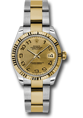 Rolex Steel and Yellow Gold Datejust 31 Watch - Fluted Bezel - Champagne Concentric Circle Arabic Dial - Oyster Bracelet