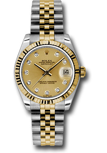 Rolex Steel and Yellow Gold Datejust 31 Watch - Fluted Bezel - Champagne Diamond Dial - Jubilee Bracelet