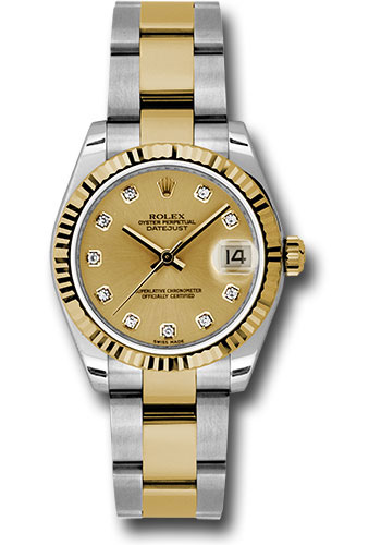 Rolex Steel and Yellow Gold Datejust 31 Watch - Fluted Bezel - Champagne Diamond Dial - Oyster Bracelet