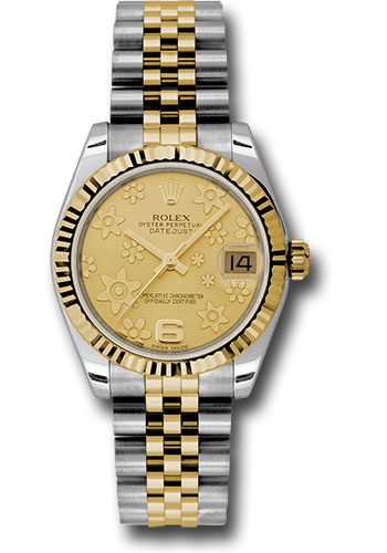 Rolex Steel and Yellow Gold Datejust 31 Watch - Fluted Bezel - Champagne Floral Motif Dial - Jubilee Bracelet