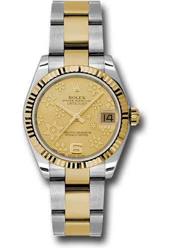 Rolex Steel and Yellow Gold Datejust 31 Watch - Fluted Bezel - Champagne Floral Motif Dial - Oyster Bracelet