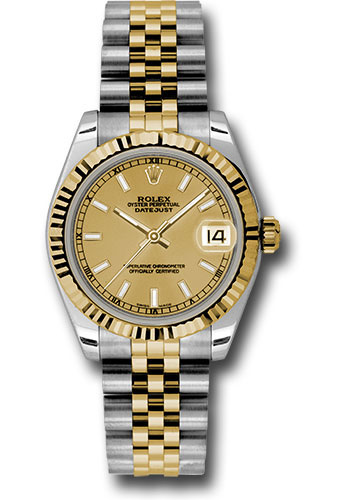 Rolex Steel and Yellow Gold Datejust 31 Watch - Fluted Bezel - Champagne Index Dial - Jubilee Bracelet