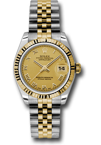 Rolex Steel and Yellow Gold Datejust 31 Watch - Fluted Bezel - Champagne Roman Dial - Jubilee Bracelet