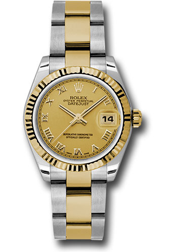 Rolex Steel and Yellow Gold Datejust 31 Watch - Fluted Bezel - Champagne Roman Dial - Oyster Bracelet