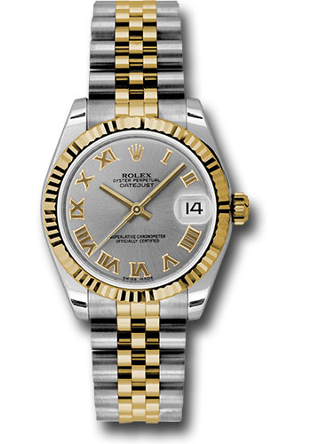 Rolex Steel and Yellow Gold Datejust 31 Watch - Fluted Bezel - Slate Grey Roman Dial - Jubilee Bracelet
