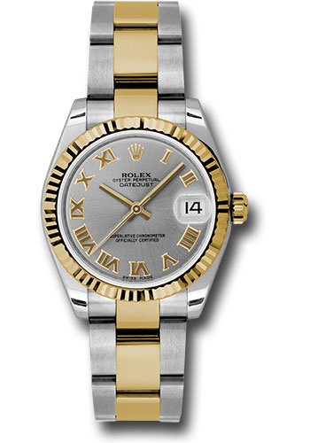 Rolex Steel and Yellow Gold Datejust 31 Watch - Fluted Bezel - Slate Grey Roman Dial - Oyster Bracelet