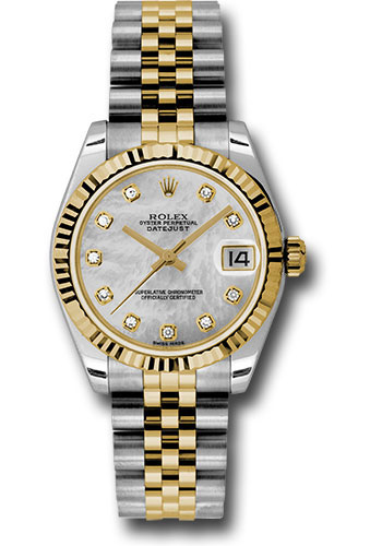 Rolex Steel and Yellow Gold Datejust 31 Watch - Fluted Bezel - Mother-Of-Pearl Diamond Dial - Jubilee Bracelet