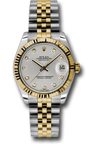 Rolex Steel and Yellow Gold Datejust 31 Watch - Fluted Bezel - Silver Diamond Roman Vi Diamond Dial - Jubilee Bracelet