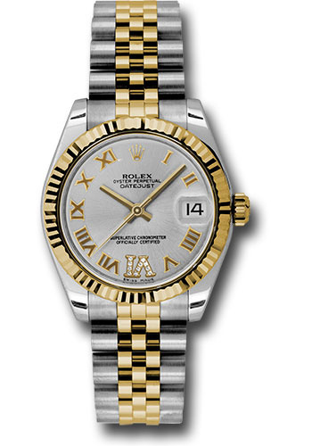 Rolex Steel and Yellow Gold Datejust 31 Watch - Fluted Bezel - Silver Diamond Roman Vi Roman Dial - Jubilee Bracelet
