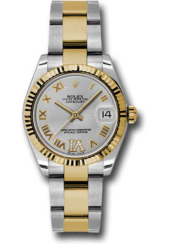 Rolex Steel and Yellow Gold Datejust 31 Watch - Fluted Bezel - Silver Diamond Roman Vi Roman Dial - Oyster Bracelet