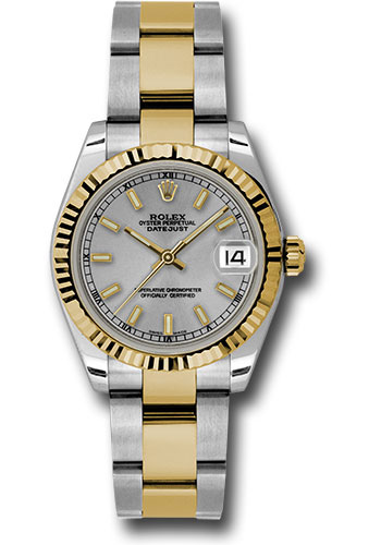 Rolex Steel and Yellow Gold Datejust 31 Watch - Fluted Bezel - Silver Index Dial - Oyster Bracelet