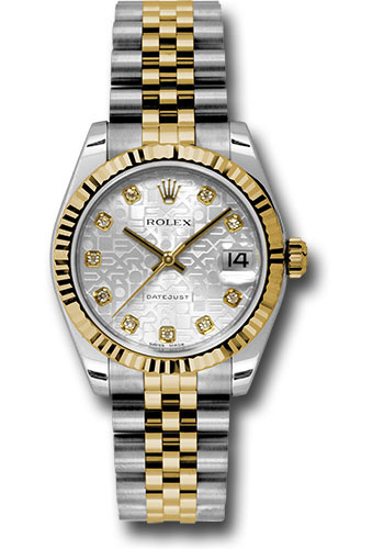 Rolex Steel and Yellow Gold Datejust 31 Watch - Fluted Bezel - Silver Jubilee Diamond Dial - Jubilee Bracelet