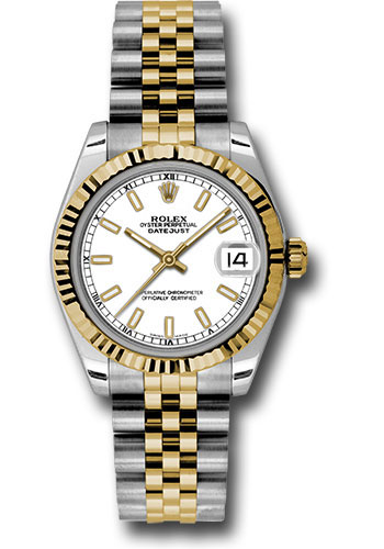 Rolex Steel and Yellow Gold Datejust 31 Watch - Fluted Bezel - White Index Dial - Jubilee Bracelet
