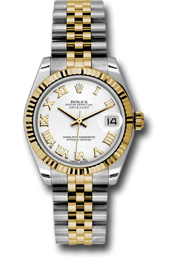 Rolex Steel and Yellow Gold Datejust 31 Watch - Fluted Bezel - White Roman Dial - Jubilee Bracelet