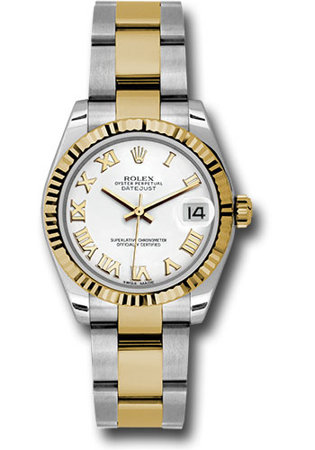 Rolex Steel and Yellow Gold Datejust 31 Watch - Fluted Bezel - White Roman Dial - Oyster Bracelet