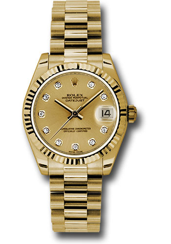 Rolex Yellow Gold Datejust 31 Watch - Fluted Bezel - Champagne Diamond Dial - President Bracelet