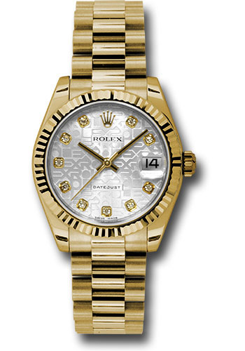 Rolex Yellow Gold Datejust 31 Watch - Fluted Bezel - Silver Jubilee Diamond Dial - President Bracelet