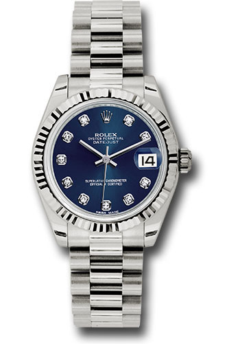 Rolex White Gold Datejust 31 Watch - Fluted Bezel - Blue Diamond Dial - President Bracelet