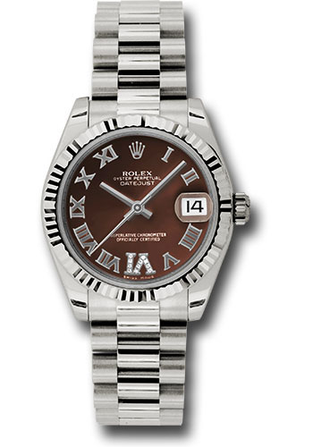 Rolex White Gold Datejust 31 Watch - Fluted Bezel - Bronze Diamond Roman Vi Roman Dial - President Bracelet