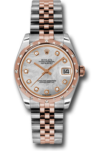 Rolex Steel and Everose Gold Datejust 31 Watch - 24 Diamond Bezel - White Mother-Of-Pearl Diamond Dial - Jubilee Bracelet