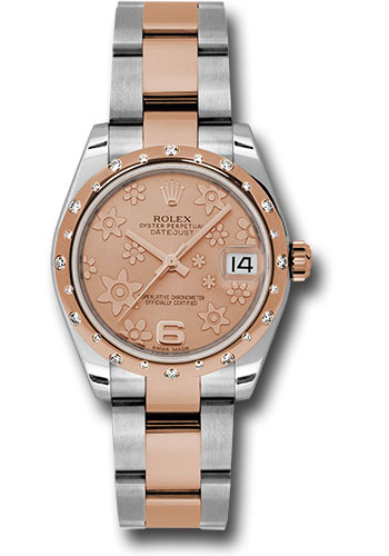 Rolex Steel and Everose Gold Datejust 31 Watch - 24 Diamond Bezel - Pink Champagne Floral Motif Dial - Oyster Bracelet