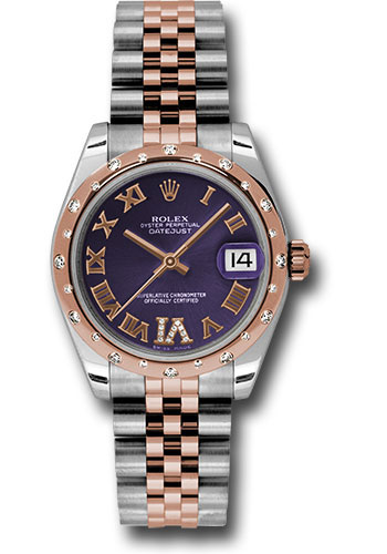 Rolex Steel and Everose Gold Datejust 31 Watch - 24 Diamond Bezel - Purple Diamond Roman Vi Roman Dial - Jubilee Bracelet