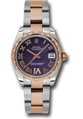 Rolex Steel and Everose Gold Datejust 31 Watch - 24 Diamond Bezel - Purple Diamond Roman Vi Roman Dial - Oyster Bracelet