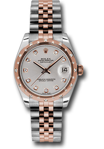 Rolex Steel and Everose Gold Datejust 31 Watch - 24 Diamond Bezel - Silver Diamond Dial - Jubilee Bracelet