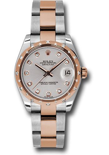 Rolex Steel and Everose Gold Datejust 31 Watch - 24 Diamond Bezel - Silver Diamond Dial - Oyster Bracelet