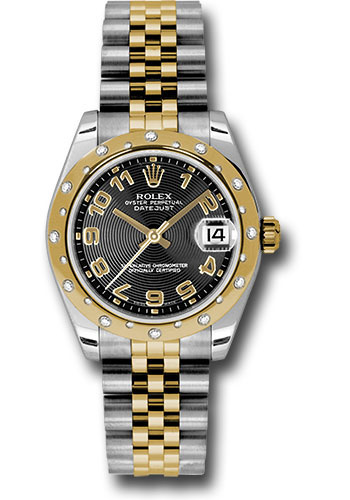 Rolex Steel and Yellow Gold Datejust 31 Watch - 24 Diamond Bezel - Black Concentric Circle Arabic Dial - Jubilee Bracelet