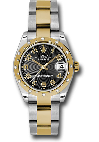Rolex Steel and Yellow Gold Datejust 31 Watch - 24 Diamond Bezel - Black Concentric Circle Arabic Dial - Oyster Bracelet