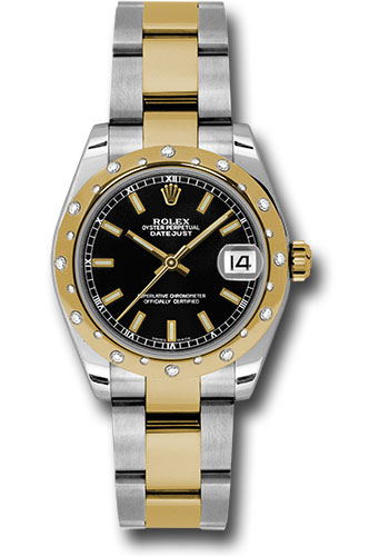 Rolex Steel and Yellow Gold Datejust 31 Watch - 24 Diamond Bezel - Black Index Dial - Oyster Bracelet