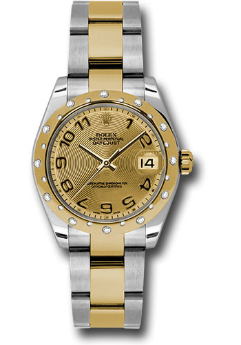 Rolex Steel and Yellow Gold Datejust 31 Watch - 24 Diamond Bezel - Champagne Concentric Circle Arabic Dial - Oyster Bracelet