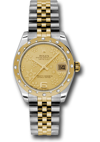 Rolex Steel and Yellow Gold Datejust 31 Watch - 24 Diamond Bezel - Champagne Floral Motif Dial - Jubilee Bracelet