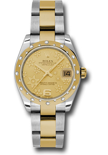 Rolex Steel and Yellow Gold Datejust 31 Watch - 24 Diamond Bezel - Champagne Floral Motif Dial - Oyster Bracelet