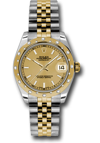 Rolex Steel and Yellow Gold Datejust 31 Watch - 24 Diamond Bezel - Champagne Index Dial - Jubilee Bracelet