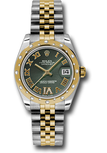 Rolex Steel and Yellow Gold Datejust 31 Watch - 24 Diamond Bezel - Olive Green Diamond Roman Vi Roman Dial - Jubilee Bracelet