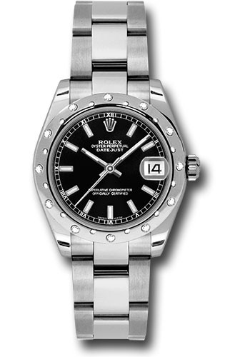 Rolex Steel and White Gold Datejust 31 Watch - 24 Diamond Bezel - Black Index Dial - Oyster Bracelet