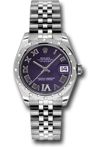 Rolex Steel and White Gold Datejust 31 Watch - 24 Diamond Bezel - Purple Diamond Roman Vi Roman Dial - Jubilee Bracelet