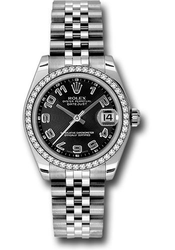 Rolex Steel and White Gold Datejust 31 Watch - 46 Diamond Bezel - Black Concentric Circle Arabic Dial - Jubilee Bracelet