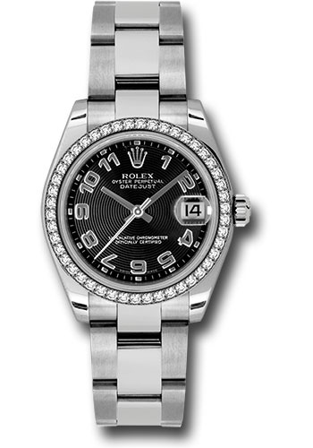 Rolex Steel and White Gold Datejust 31 Watch - 46 Diamond Bezel - Black Concentric Circle Arabic Dial - Oyster Bracelet