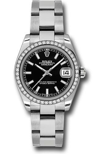 Rolex Steel and White Gold Datejust 31 Watch - 46 Diamond Bezel - Black Index Dial - Oyster Bracelet