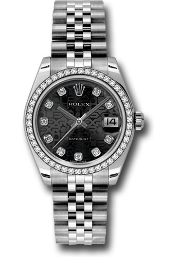 Rolex Steel and White Gold Datejust 31 Watch - 46 Diamond Bezel - Black Jubilee Diamond Dial - Jubilee Bracelet